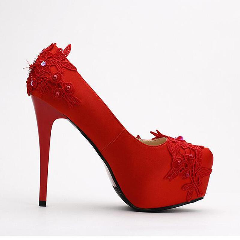 

Lovely Sequins Lace Spring Pumps Elegant High Heel Platform Red Satin Elegant Bridal Shoes Stiletto Heel Wedding Shoes, Red style one