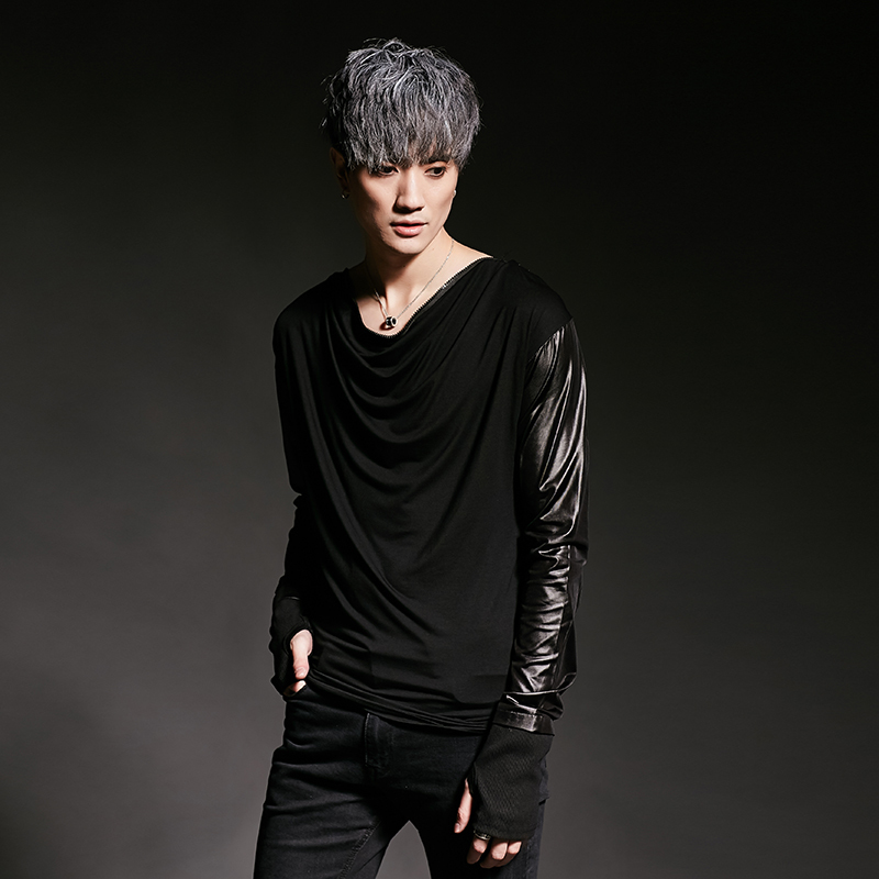 

2021 Shirt Shreds of Leather Long Sleeves Nightgown Singer Club Stage Dress Men's Turtlenecks with Hip Hop Zipper Dance Shirts Tops 6kh3, Black