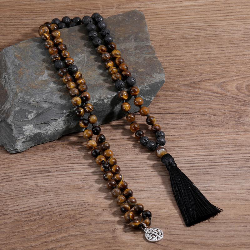 

OAIITE JapaMala Necklace, 8mm Tigers Eye, Hematite, JapaMala Necklace, Black Onyx Buddhist Mala Prayer Bead Necklace Men