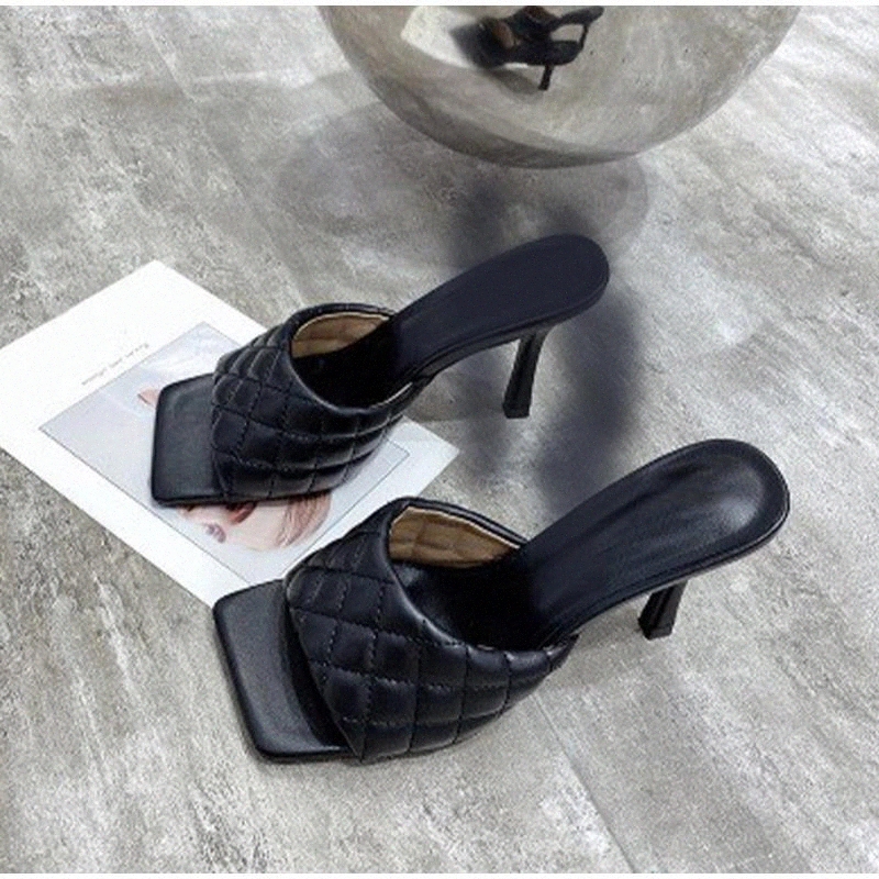 

Women's Thin High Heels Slippers Fashion Square Toe Sandals Lattice PU Leather 2021 Summer New Ladies Slides Shoes Woman #5Y7i, Black
