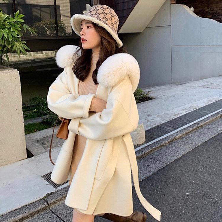 

New winter import heavy hair get loose hooded double cashmere coat female in long wool coat, Black