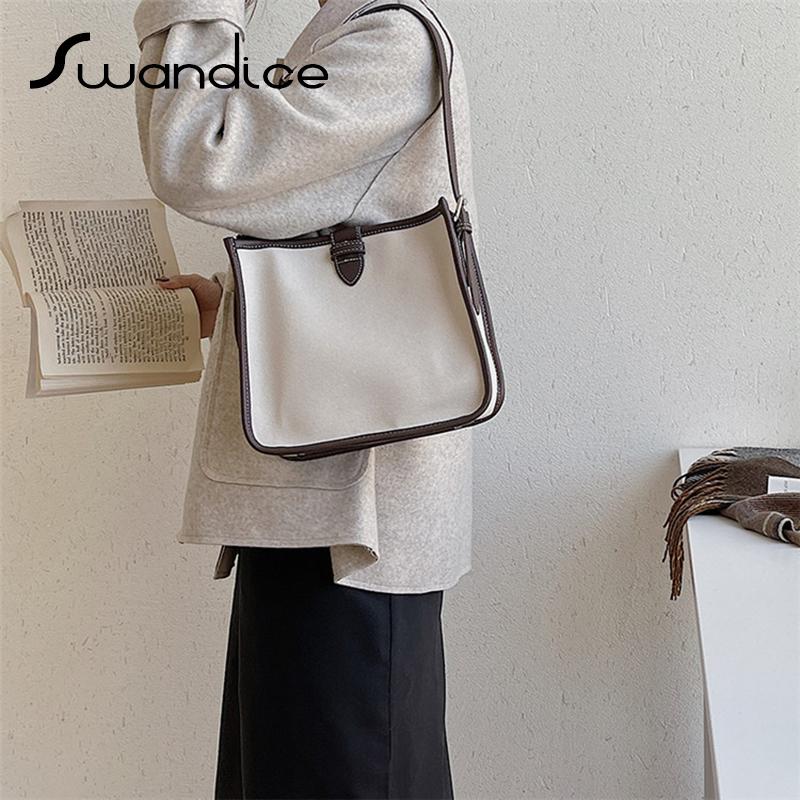 

2pcs/set Canvas Casual Baguette Handbags Contrast Colour Block Patchwork Panelled Shoulder Bags Women Female Ladies Girls Purses, Black