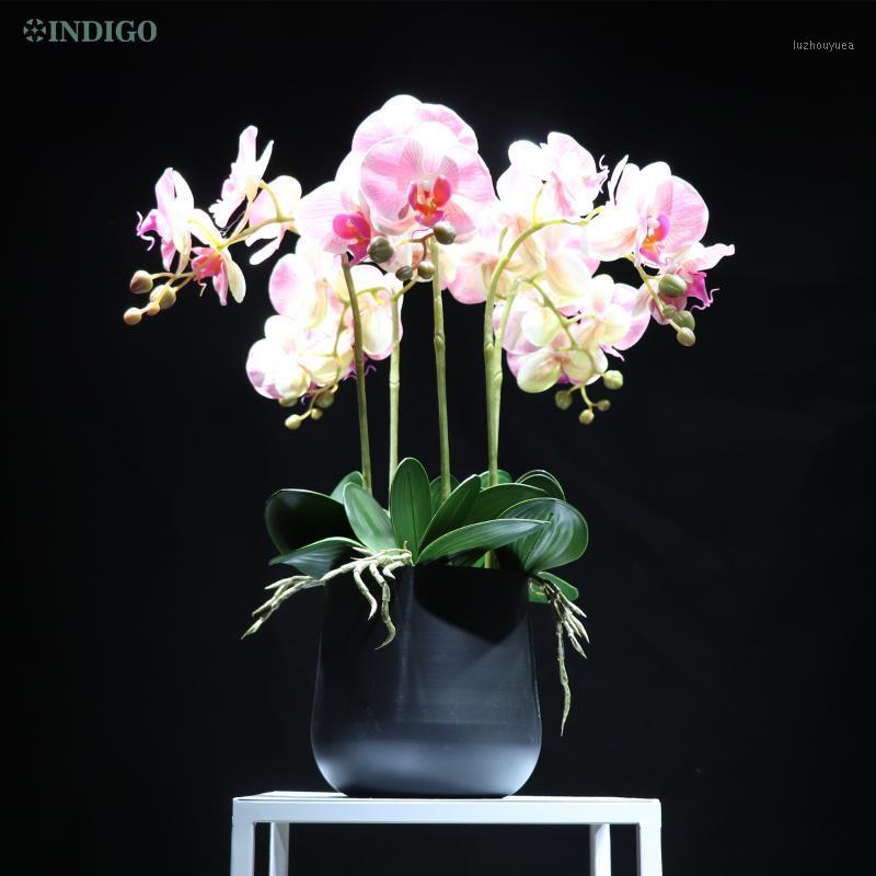 

Pink Orchids DIY Flower Arrangment Bonsai (5 Orchid +5 Leaves+Moss +Pot) Phalaenopsis Table Centerpiece Home Decoration INDIGO1, 1 stem leaf