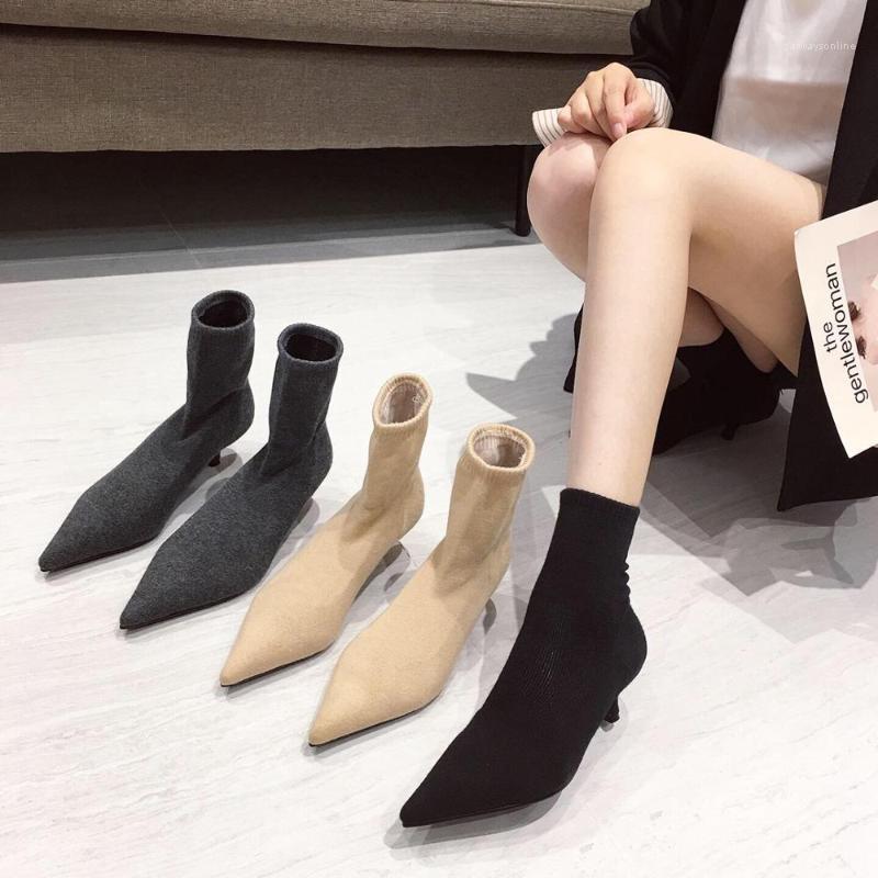 

NIUFUNI 3 Colors Womens Sock Ankle Boots Knitting Elasitc Botas Mujer Pointed Toe Med Heel Boots 2020 Autumn Shoes Woman1, Black