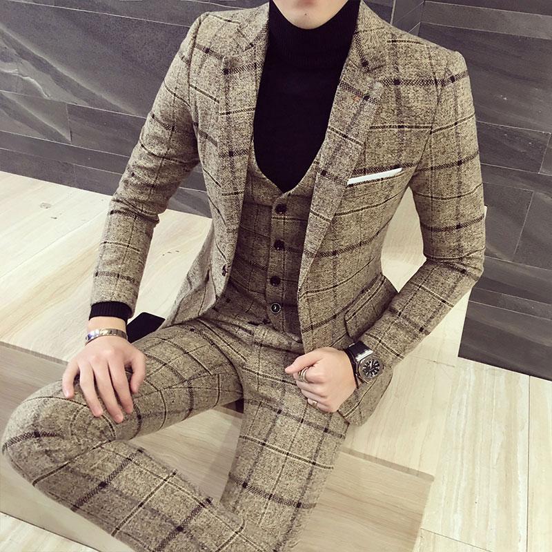 

Men's Suits & Blazers Plaid Men Set Casual Suit For Wedding Slim Fit Groom Dress Korean Fashion Business, Black 3 piece set