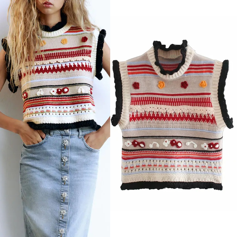 

2021 New Textured  Appliques Cropped Knitted Women Vintage Ruffle o Neck Sleeveless Ladies Sweater Vest Tops 78f6, Floral