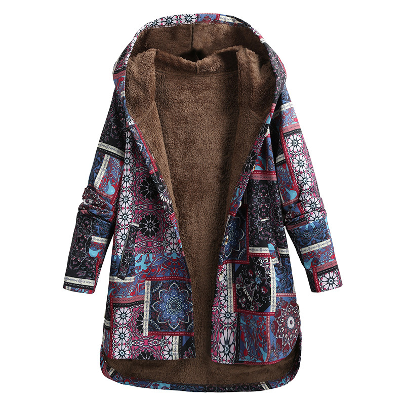 

2021 New Women' Retro Loose Hooded Floral Print Fleece Buttons Winter Warm Outside Parka Long Coat and Jacket Women N8vy, Blue