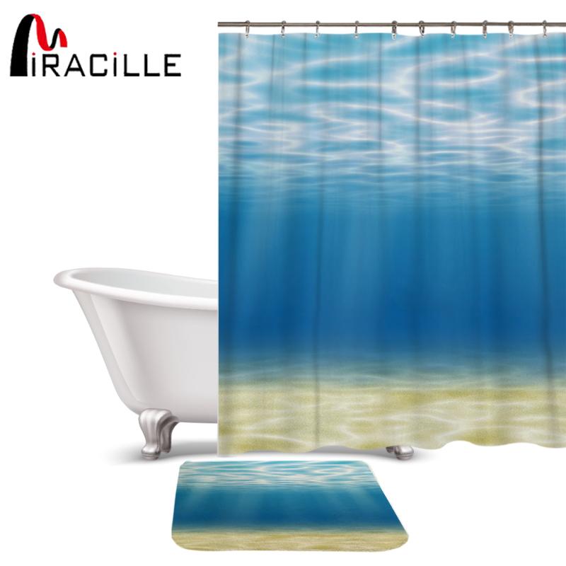 

Miracille Blue Pure Seabed Waterproof Shower Curtain Mat Sets Coral Velvet Non-slip Ocean Bathroom Pat with 12 Hooks