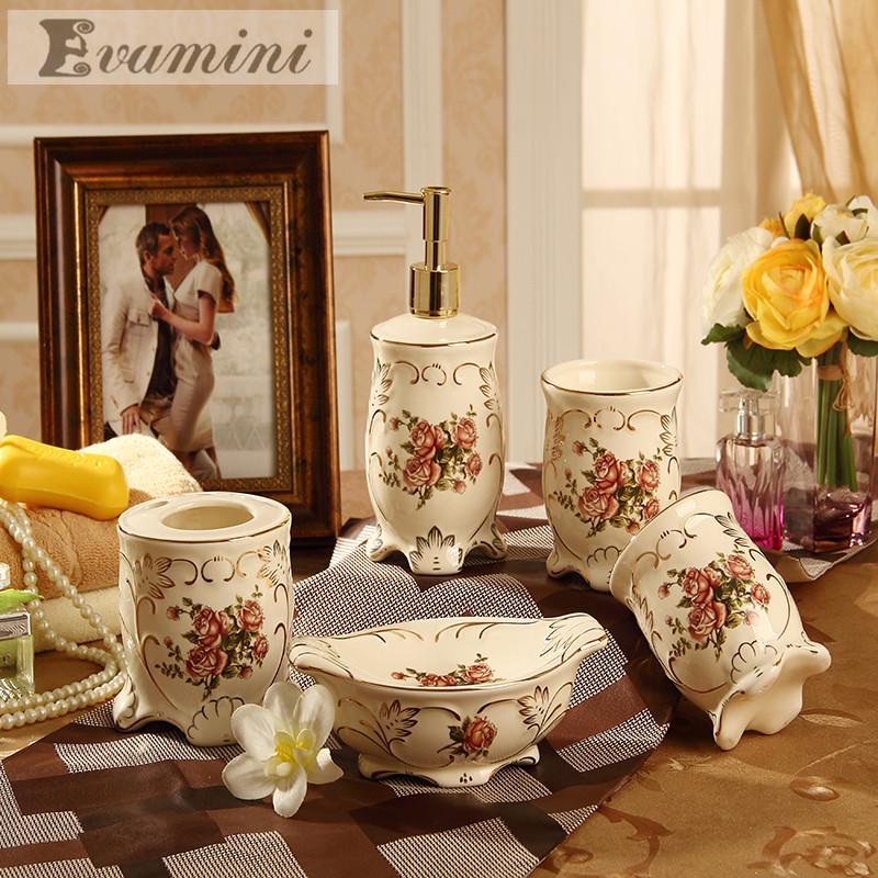 

European-style Bathroom Five-piece Ceramic Bathroom Set Supplies Mugs Wedding Gifts Toilet Brush Restroom Cleaning Brush