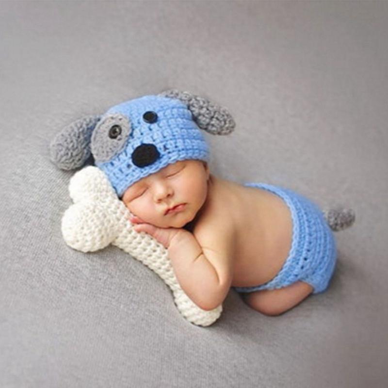 

Newborn Baby 1st Birthday Photographic Prop Handmade Woven Cute Dog Ear Crochet Blue Pants Set + Bone Toys For Baby 0-6 months, Bl