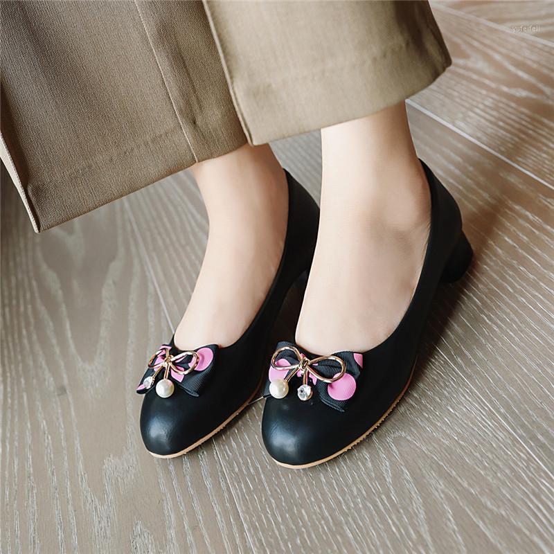 

YMECHIC New Spring Med Heel Lolita Shoes Bead Rhinestone Butterfly-knot Slip on Block Chunky Heels Women Shoes Pumps Pink White1, Beige