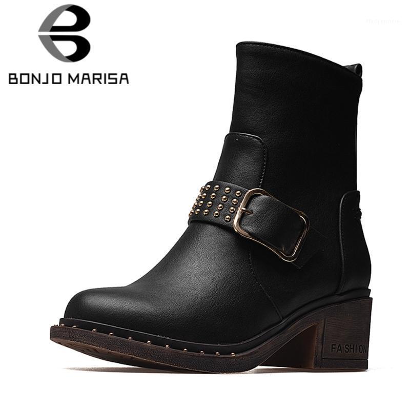 

BONJOMARISA Hot Sale Ladies Med Chunky Heels Ankle Elegant Office Decorating Ankle Boots Women Dress Platform Shoes Woman1, Black