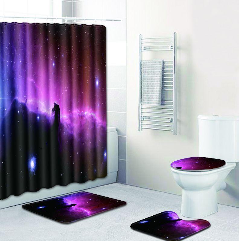 

ONGLYP 4pcs Shower Curtain Set 3D Galaxy Bathroom Curtains with Hooks Non Slip Bath Mat Toilet Cover Rugs Mat Home Decor