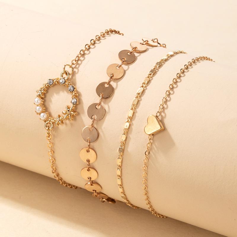 

HuaTang 4pcs/set Boho Sequins Love Heart Chains Bracelet Set for Women Multilayer Crystal Pearl Circle Charms Adjustable Jewelry