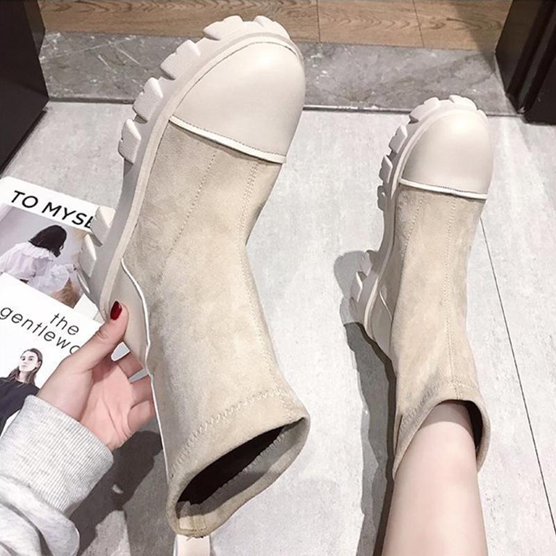 

Women Platform Ankle Sock Boots Woman Punk Gothic Shoes Female Patchwork Thick Bottom Ladies Autumn Winter Footwear Women's Boot, Beige