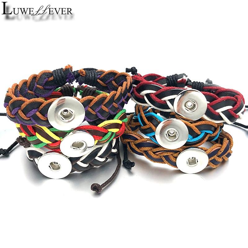 

Luwellever 045 Original Hand Weave Genuine Leather Fashion 18mm Snap Button Bracelet Bangle Chram Jewelry For Women Gift