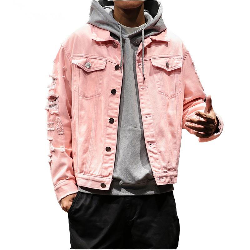 

Fashion men Hole denim jacket Spring autumn Cowboy Casual coat men Solid color Streetwear New Male slim outerwear Brand clothing, Pink