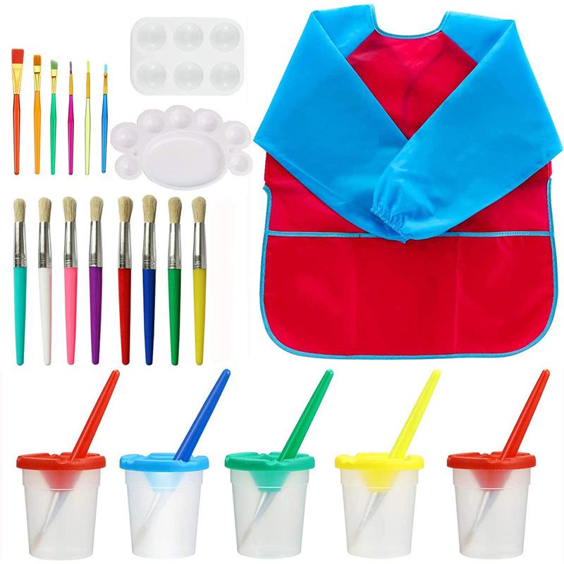 

Kid's Paint Supply Art Set, Paint Cups, Brush Tool Brushes, Kids Art Smocks and Palettes 22 Pack