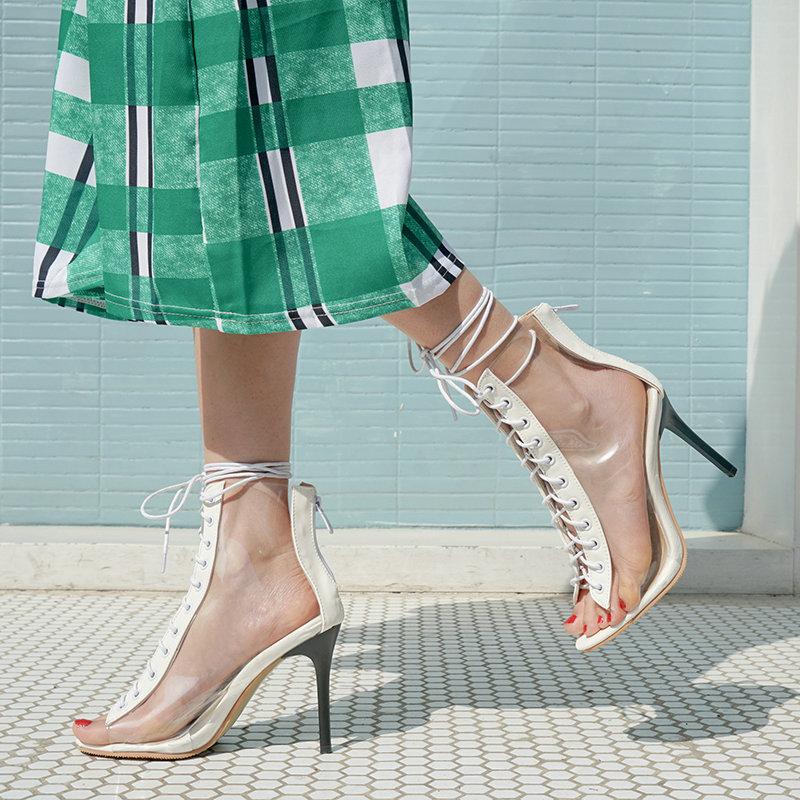 

Fashion Transparent Summer Women Ankle Boots Thin High Heel Peep Toe Women Short Boots Cross Tied Zipper Party Ladies Shoes, Nude