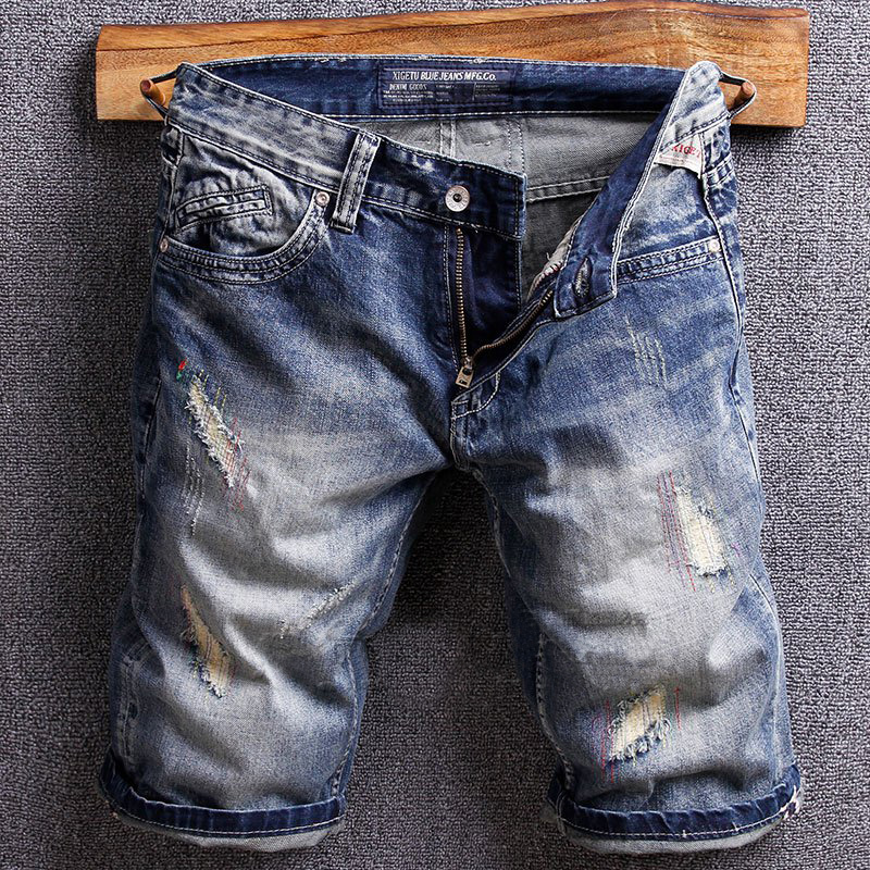 

2021 New Italian Style Fashion Top Quality Retro Blue Ripped Cotton Denim Shorts Men Summer Designer Hip Hop Short 4otz