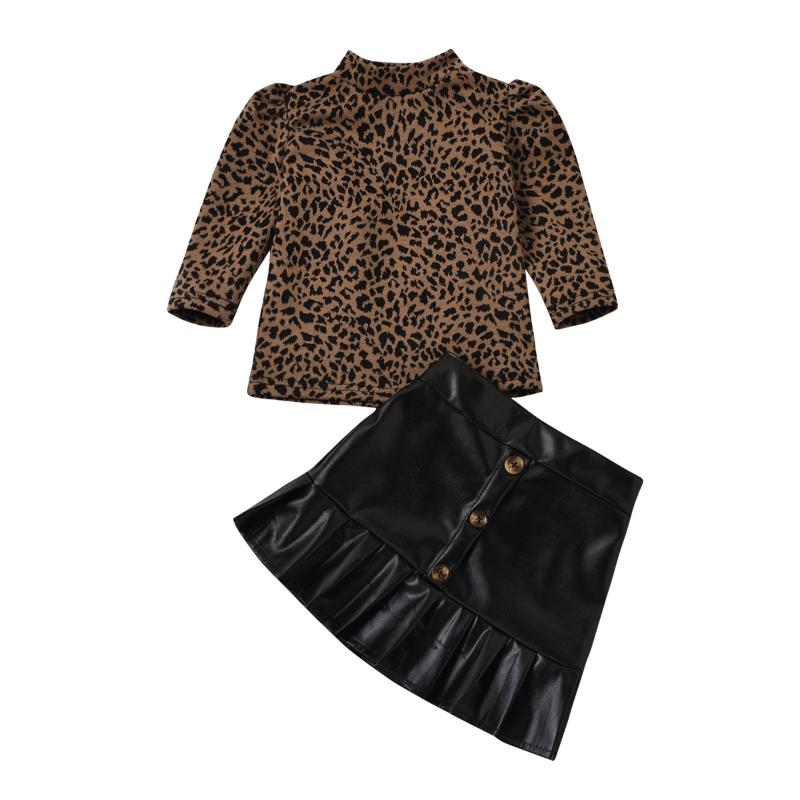 

2021 0-5Y Fashion Kids Girls Clothes Set Brown Leopard Printed Pattern Puff Long Sleeve Blouse+Button Black Solid Color PU Skirt, As pic