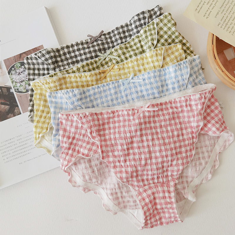 

Cotton New Plaid Without Couture Sweet Japanese Female Panties Plus Size 100kg Mid-rise Women's Underwear Briefs N514 Stf8, Yellow