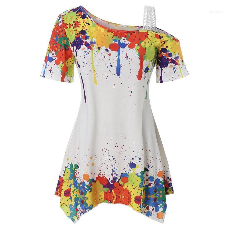 

Women Summer Fashion Plus Size Cold Shoulder Splatter Paint T-Shirt Scoop Neck Short Sleeves Casual Ladies Tops Tees11, White