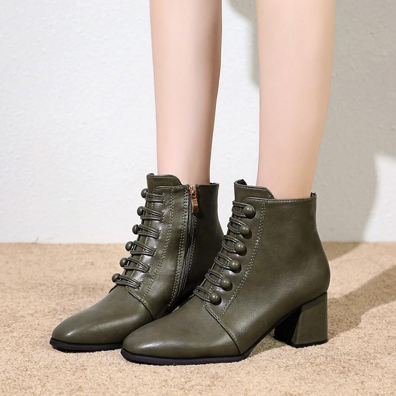 

Women's Retro Boots 2021 Winter Shoes Warm Bigh Ankle Booties Black Green Square High Heels Cross-tied 35-41 botas mujer 8468L, Army green