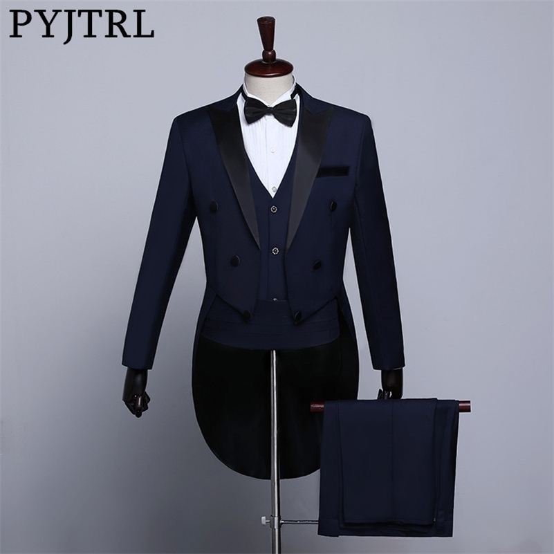 

PYJTRL Male Classic Black White Navy Blue Tailcoat Tuxedo Wedding Grooms Suits For Men Party Prom Banquet Stage Singers Costume 201106, 4pcs set navyblue