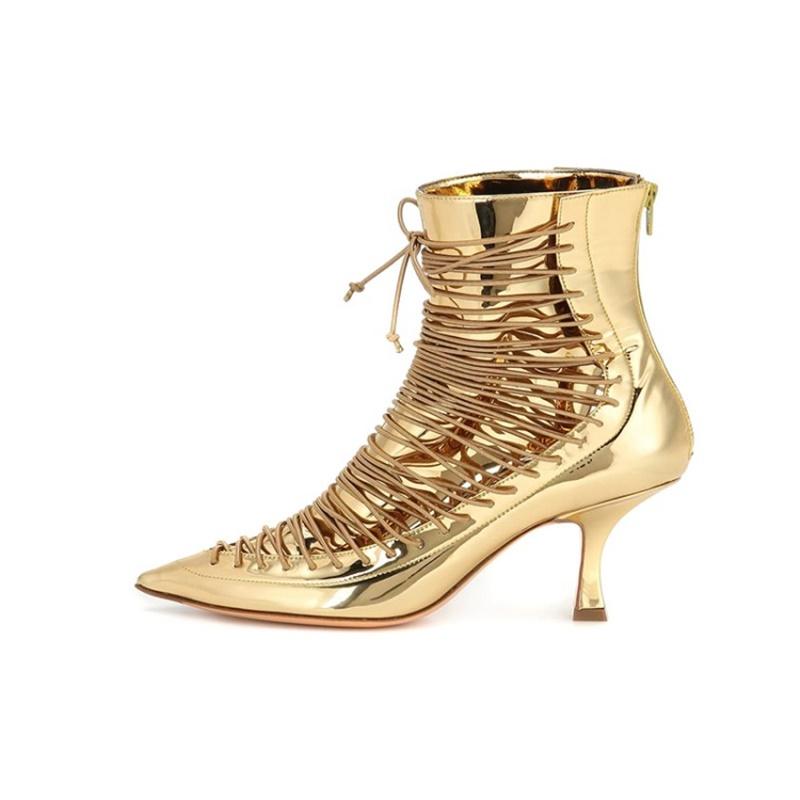 

Mirror Glossy Ankle Booties Pointed Toe Lace Up Medium Cat Heels Boots Autumn Winter Woman Stylish Shoes Runway Party Halloween, Black