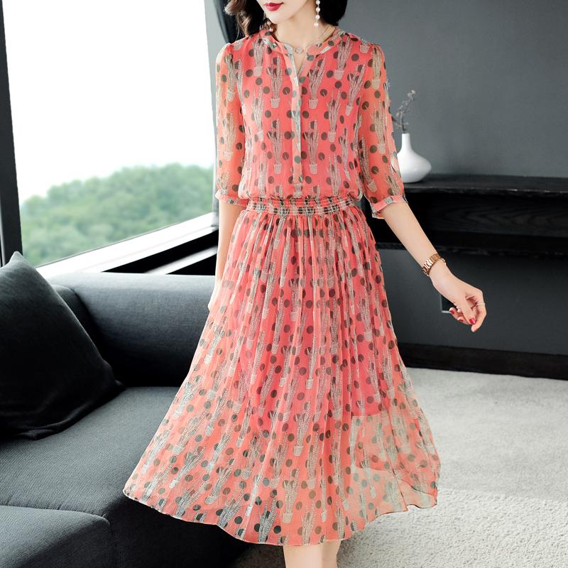 

Tcyeek Elegant Summer Dress Women 100% Real Silk Vestidos Korean Ladies Black Boho Polka Dot Dress Evening Party Dresses 19ZS376, Green dot