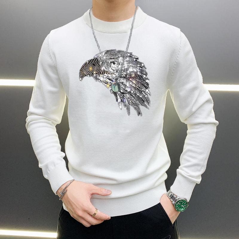 

2021 Plus Size 5XL Fashion Soft Top Quality Casual Color Rhinestone Nen's Sweater Brand Pullover, As shown asian size
