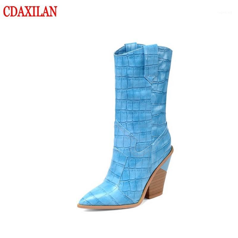 

CDAXILAN new to women's boots Stone grain Microfiber Leather pointed toe Mid-calf boots super·high heel wedges winter1, Yellow(inner