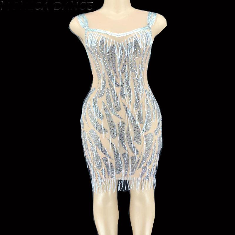 

Stage Women Sexy Rhinestones Tassels See Through Dress Prom Party Mesh Costume Women Evening Dance Birthday Celebrate Dress