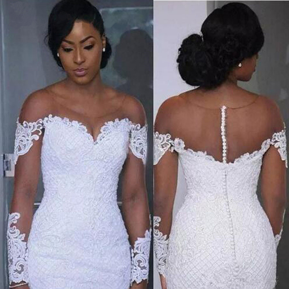 

2021 New African Neck-neck Lace Mermaid Gowns Sheer Sleeves Apply Tulle Bills More Size Wedding Dresses FHCL, Ivory