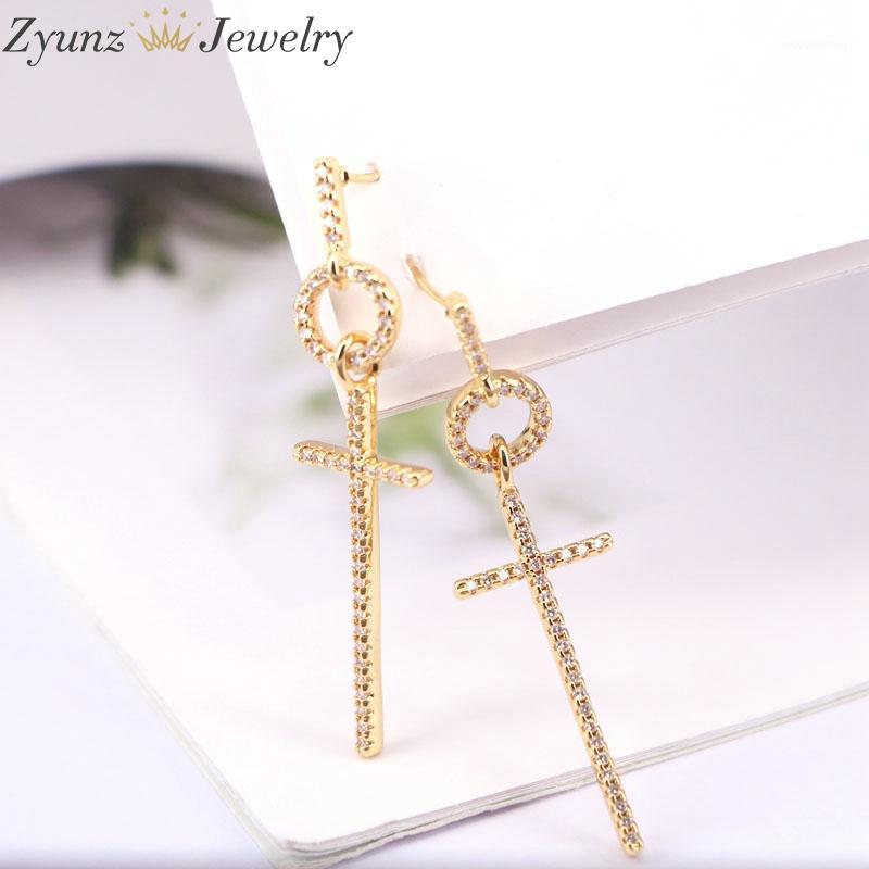 

5Pairs, Fashion Jewelry Gold Color Clear CZ Zircon Cross Dangle Earrings for Women1