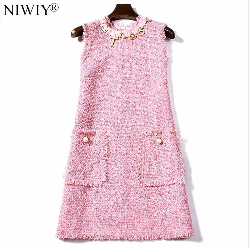 

Casual Dresses NIWIY Women Autumn Tweed Pink Bead Office Party Dress Zomerjurk Dames 2021 Midi Vintage Robe Femme Vestidos De Festa N80891, 8089