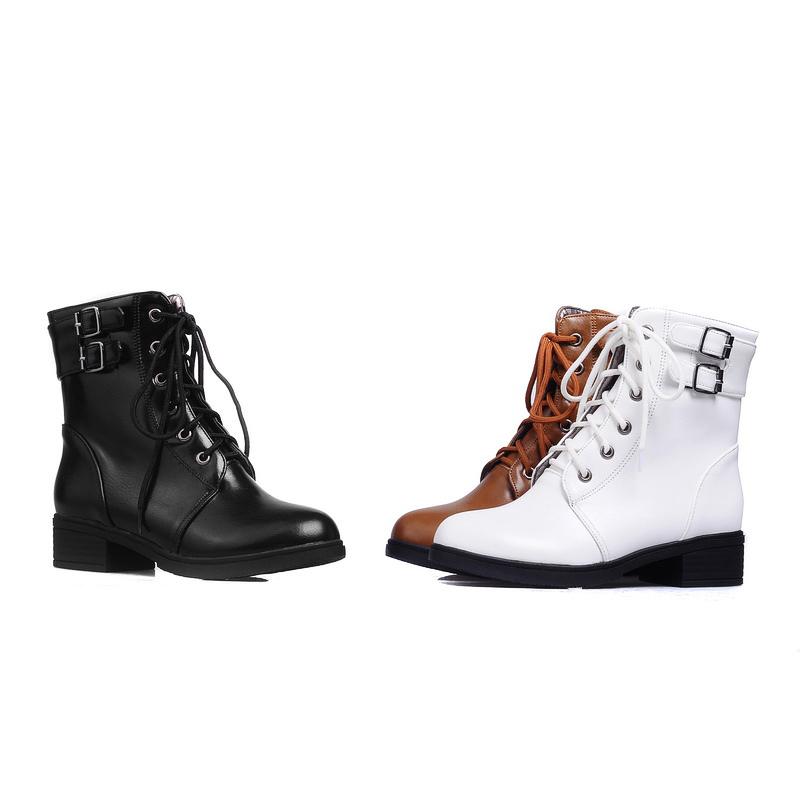 

PQECFS Big size 34-43 high quality spring & autumn women solid lace-up platform ankle riding boots 3 colors, Black