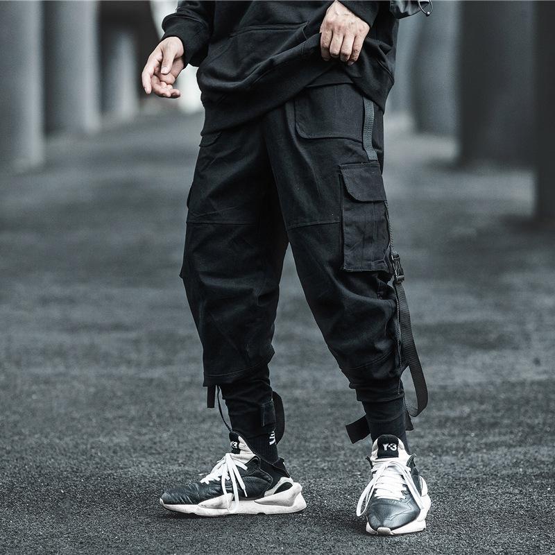 

Casual Ribbons Hip Hop Men Autumn Cargo Pants Japanese Tooling Track Streetwear Male Tactical Trousers Pencil Bottoms Joggers, Black