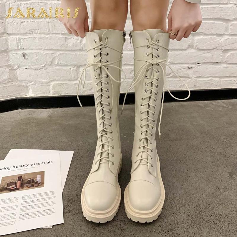 

Sarairis 2021 Hot Sale Lace Up Comfortable INS Wholesale Boots Women Shoes Zipper Platform Cool Motorcycle Knight Boots Lady1, Apricot