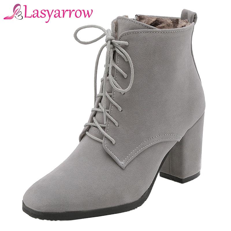 

Lasyarrow Zipper Botas Femininas Casual Lace Up Women's Shoes Thick High Heels Square Toe Autumn Winter Ankle Boots For Women, Black
