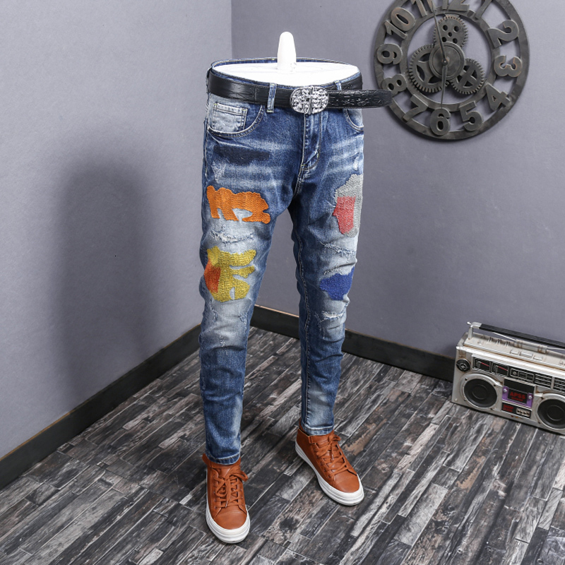 

2021 New Fashion Streetwear Blue Elastic Slim Fit Embroidery Designer Ripped Pants Patchwork Hip Hop Men 86t0