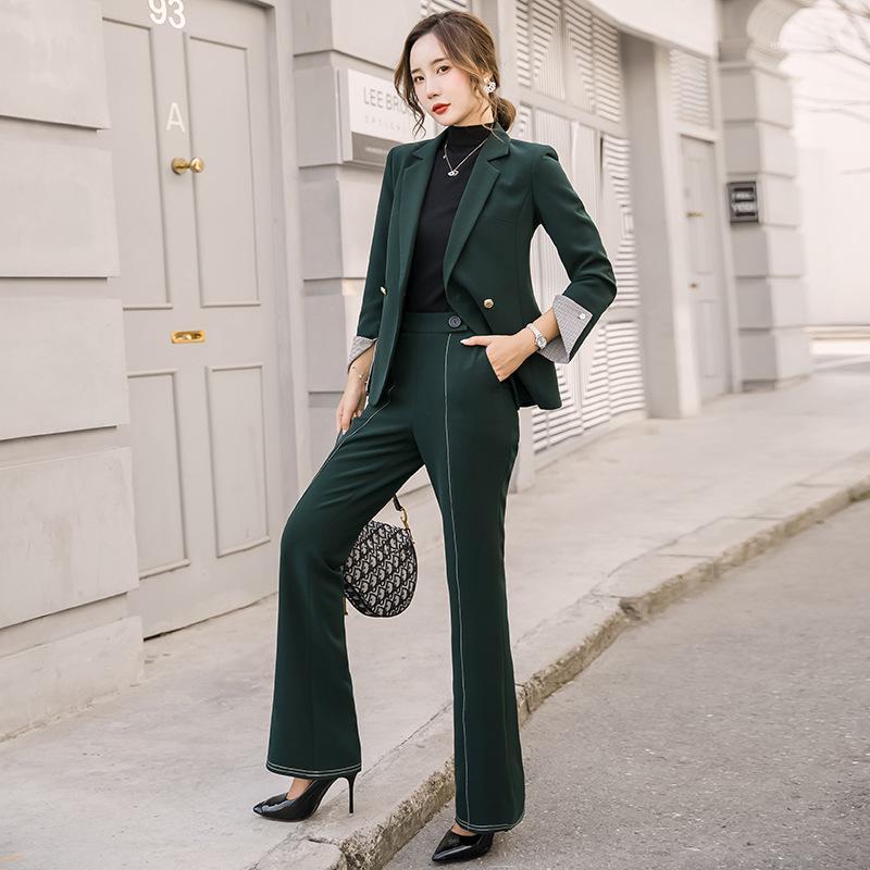 

Vintage Light Green Women Suits Double Breasted Female Pant Suits Blazer Jacket & Wide leg pants Casual 2 Pieces set femme1, Two-piece