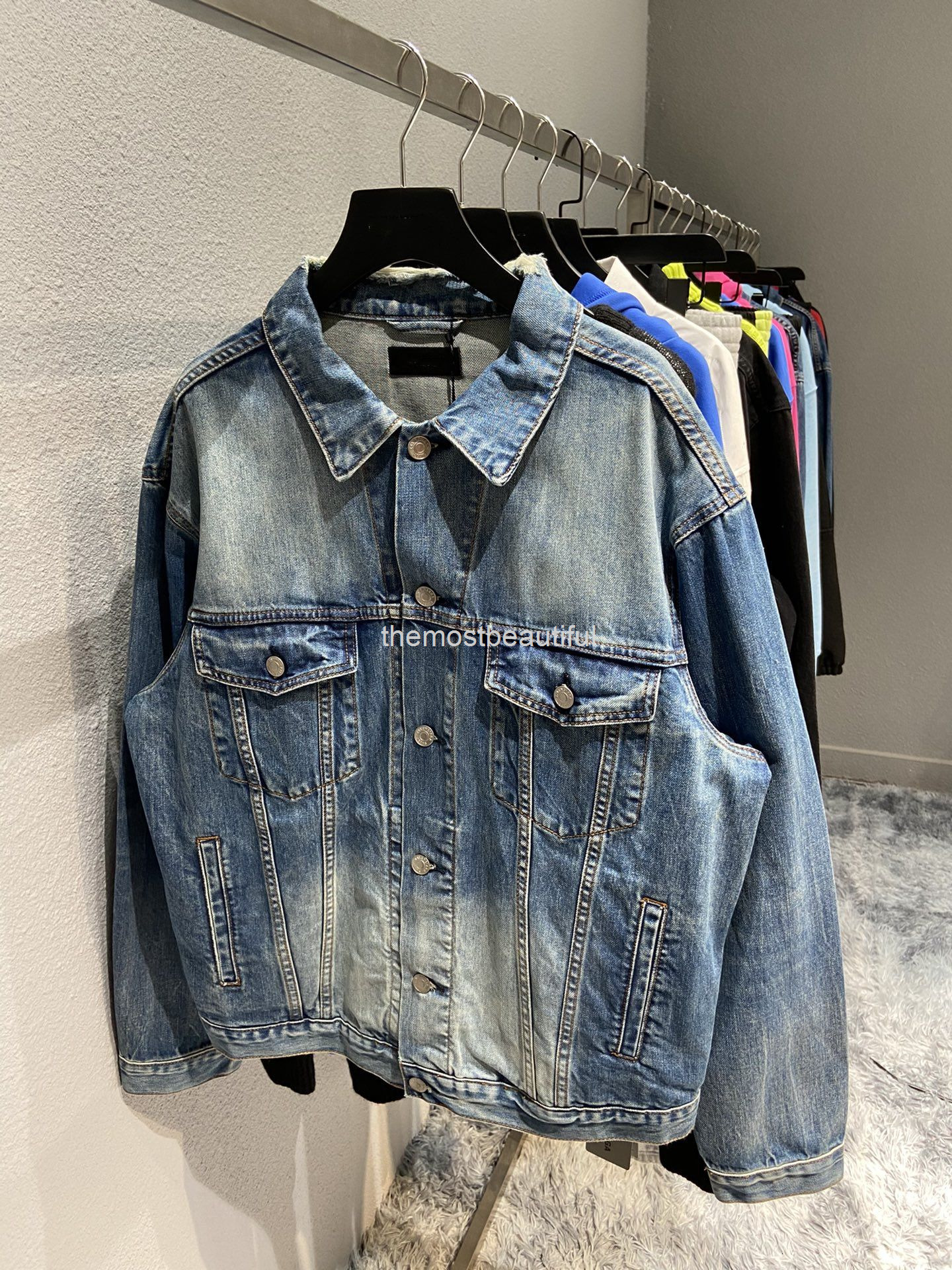 

Women's Jackets Autumn and winter high version b home back letter print collar worn wash jacket loose men's women's denim, 2# packing bag