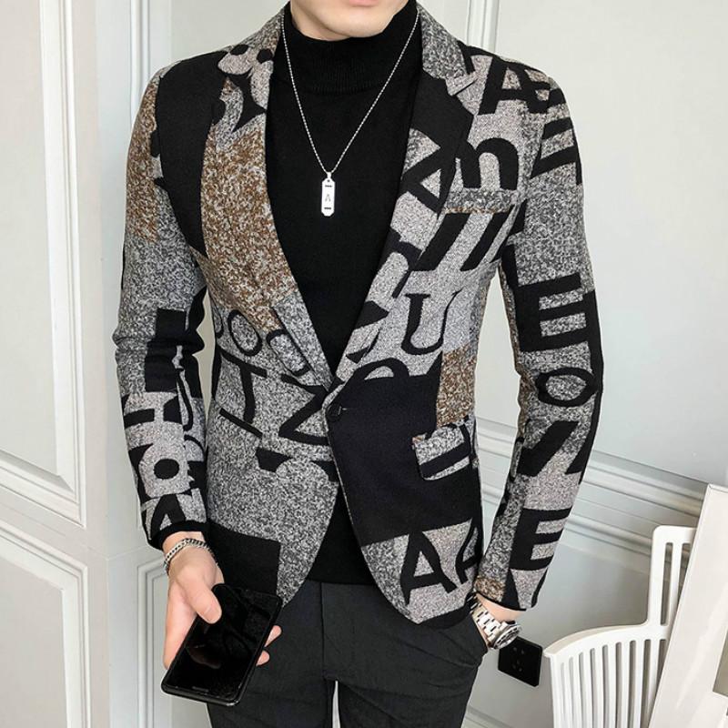 

Letter Print Wool Woolen Blazer Men 2020 Winter Men Blazer Casual Suit Jacket Slim Fit Party Club Wedding Social Homme, Blue