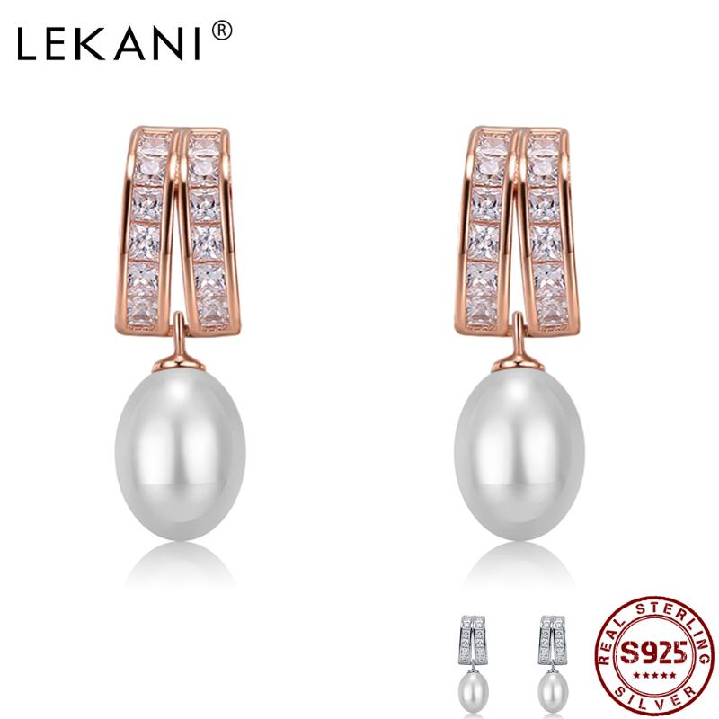 

LEKANI Water Drop Earrings Silver 925 Sterling Rose Gold Pure White Pearl Earring Vintage Style Ladies Engagement Wedding Gift