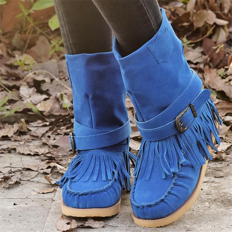 

2020 New Winter Women's Boots Fashion Tassel Buckle Women Flat Boots Mid-calf Warm Women Snow Square-Toe Zapatos De Mujer1, Khaki