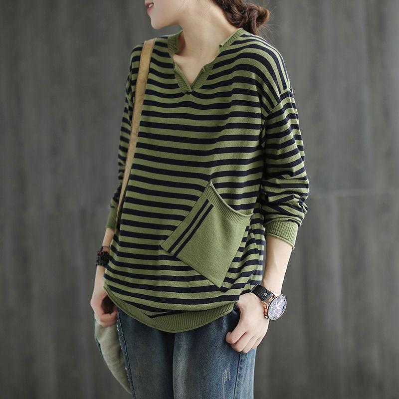 

Spring Autumn New Arts Style Women Long Sleeve Striped Sweater Big Pocket Cotton Knitting Loose Casual V-neck Sweaters V163, Green