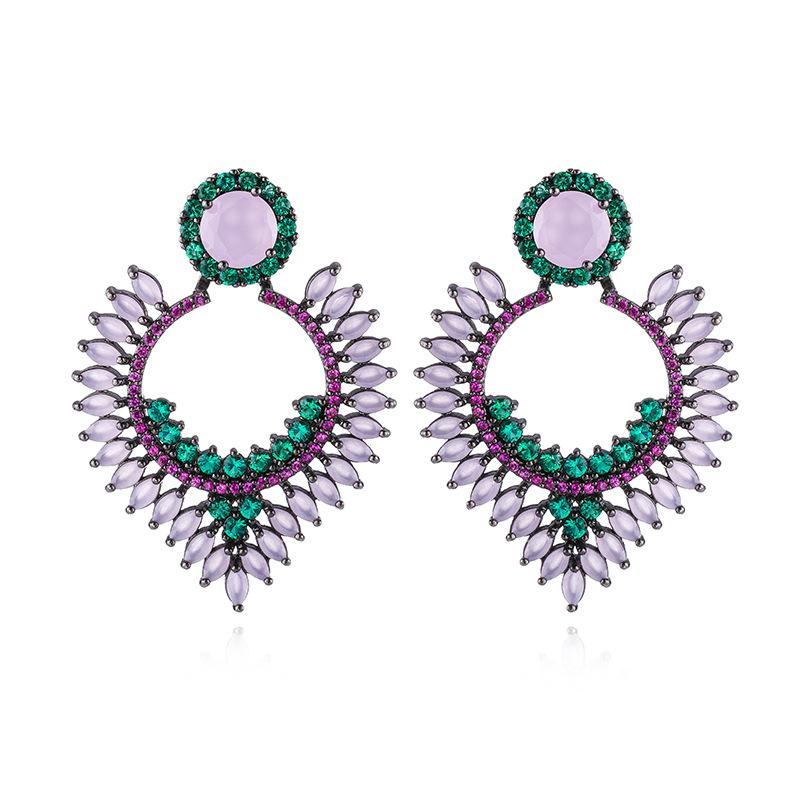 

Fashionable Luxury Zircon Earrings Women's Fan Shaped Pendant Wild Color European and American Earrings Factory Outlet