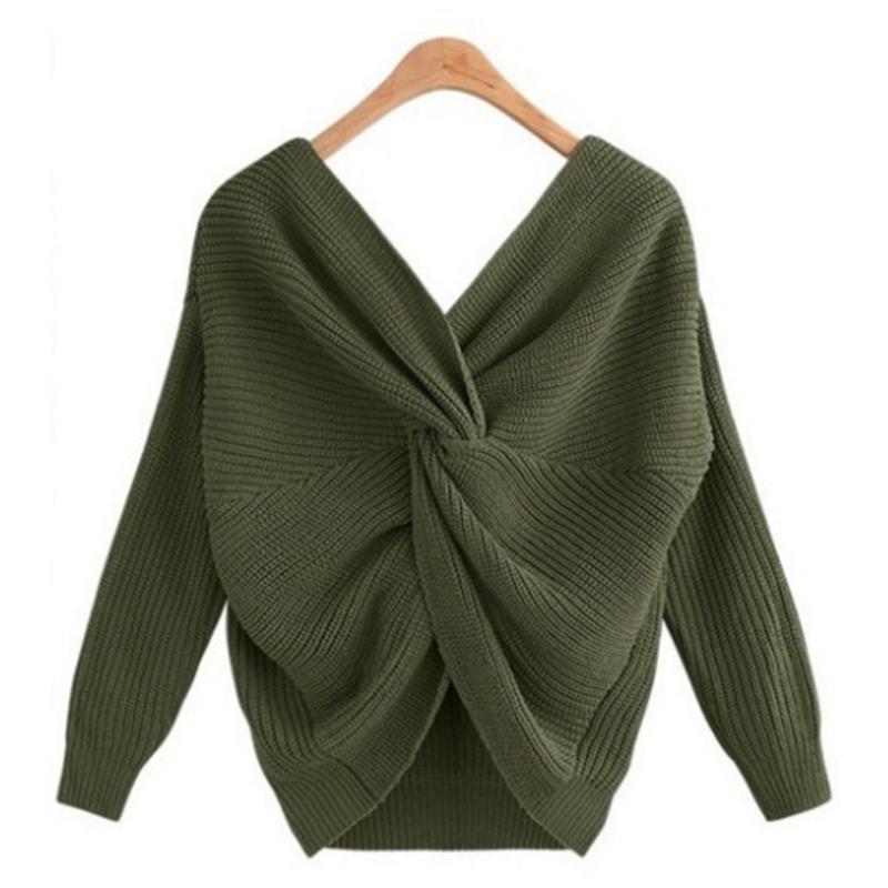 

Korean Style Sweater Solid Color Long Sleeve Deep V-Neck Back Irregular Knot Design Top Shirt, Black